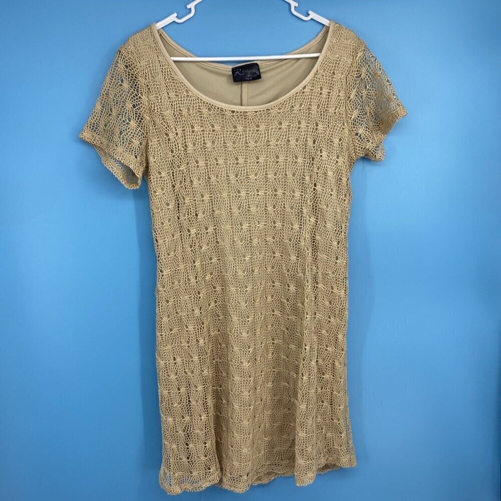 Rosegold Petite Girls Dress Size XL Tan Knit Overlay Short Sleeve Knee Length